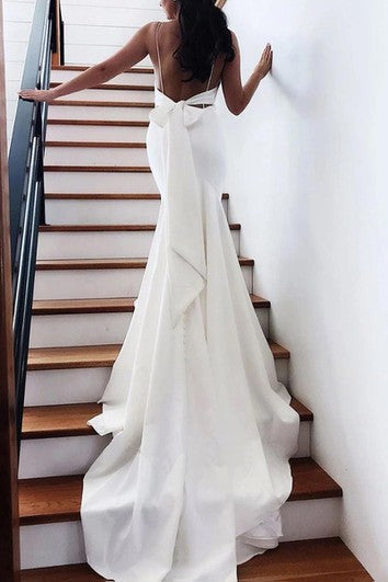 Elegant Satin Mermaid Spaghetti Long Wedding Dress with Bow