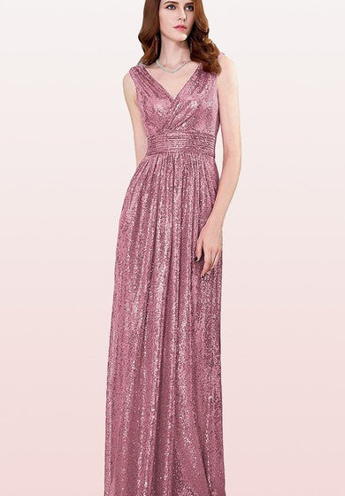 V-neck A Line Sleeveless Floor-length Sequins Bridesmaid Dress With Ruching