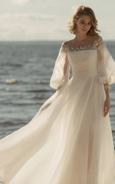 Puff 3-4-sleeve Scoop-neck Empire Ruched Chiffon Beach Wedding Dress with Bow