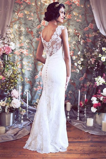 Mermaid Lace V-Neck Cap Sleeve Gown With Illusion Back