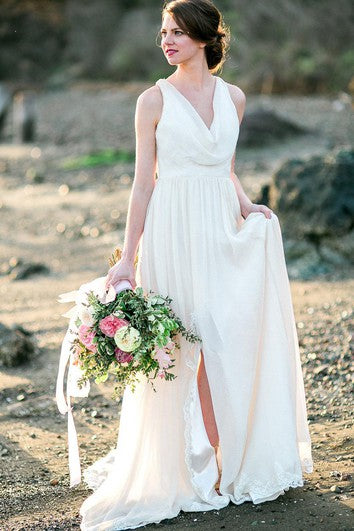 Cowl Neck Sleeveless Chiffon Dress With Front Slit and Lace Back