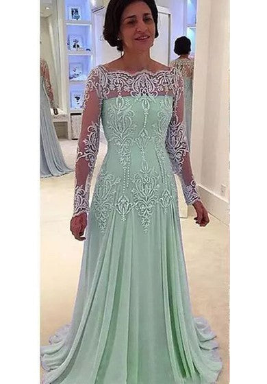 Bateau A-line Floor-length Long Sleeve Chiffon Lace Mother of the Bride Dress with Zipper Back