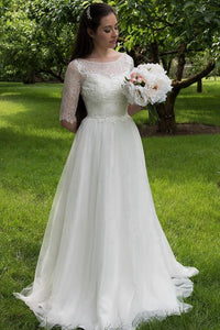 Half Sleeve Lace and Tulle Dress With Bateau Neckline and Illusion Back