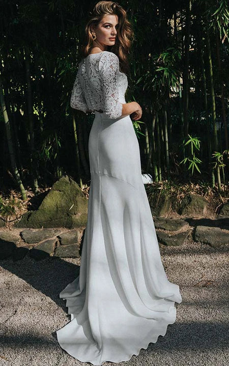 Two Piece V-neck Half-sleeve Wedding Dress with Lace Top and Front Spl Ms. Grace Two Piece V-neck Half-sleeve Wedding Dress with Lace Top and Front Spl Ms. Grace