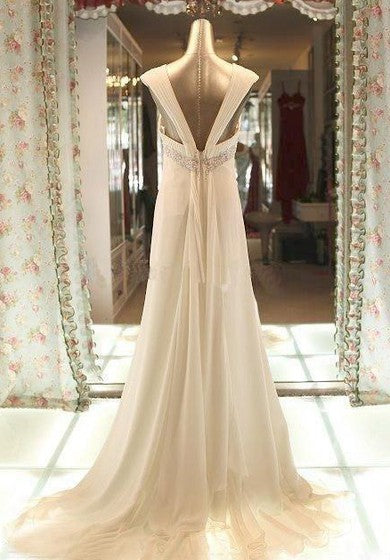 Empire Chiffon Maternity Queen Anne Beadings Pleats Low-V-Back Wedding Dress with Sweep Train