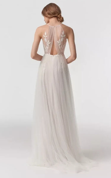 Ethereal High-neck Sleeveless Pleated Empire Tulle Wedding Dress with Applique