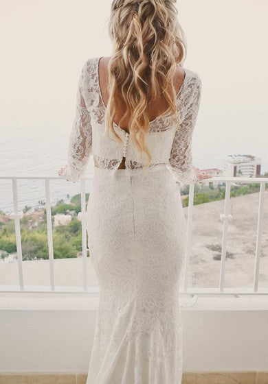 Simple Bateau Lace Two Piece Floor-length Long Sleeve Wedding Dress