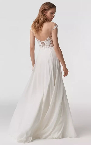 Chiffon Empire Off-the-shoulder Sheath Low-v Back Wedding Dress with Lace Top