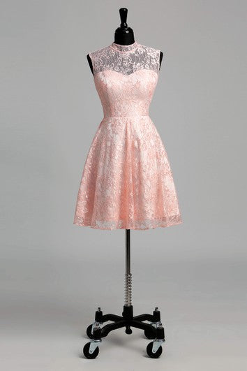 Robe courte/mini en dentelle simple à col montant et coupe trapèze sans manches