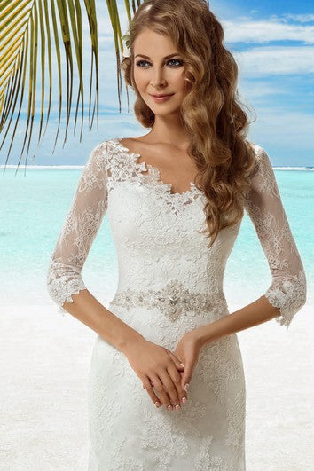 Sirena abito in pizzo con pizzo con pizzo a maniche a vertice a V con perline e appliques