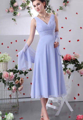 Chiffon V-Neck Tea-Length Dress With Criss-Cross Ruching