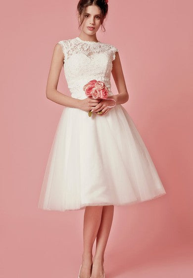 Aristocratic Cap-sleeve High Neck Tea-length Dress With Lace Top