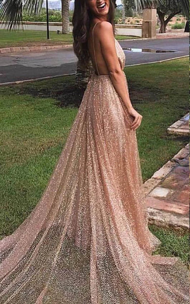 Sexy Plunged Spaghetti Empire A-line Sequin Prom Dress