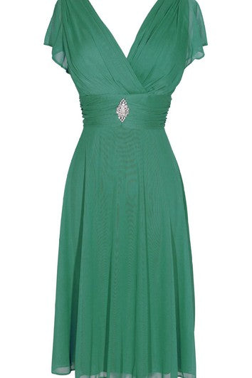 Šaty z šifónu s krátkým rukávem, výstřihem do V a délkou ke kolenům s korálkovou výzdobou