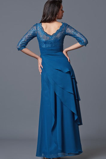 Elegant Long-sleeved V-neck Layered Lace and Chiffon Long Formal Dress