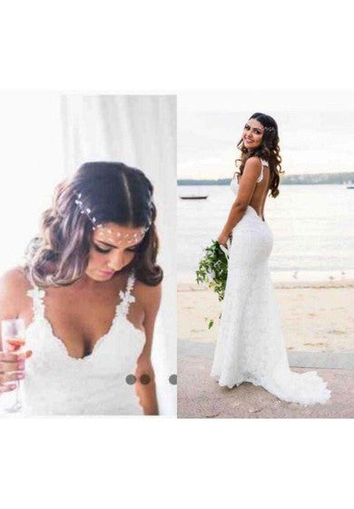 Bohemian Beach Sexy Spaghetti Straps Backless Lace Wedding Dress