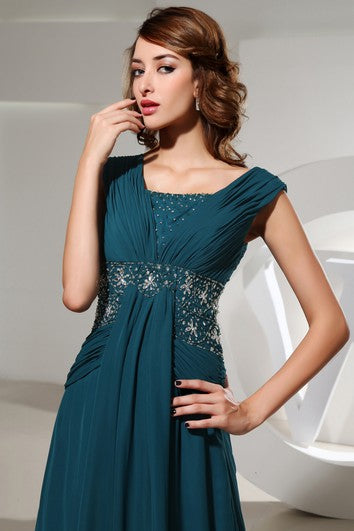 Chiffon Floor-Length Beaded Dress With Pleats and Ruching