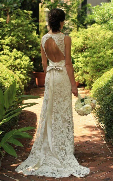 Casual V-neck Lace Sheath Keyhole Back Simple Wedding Dress