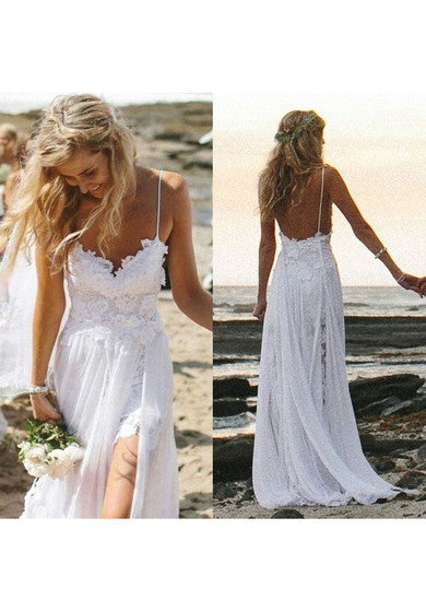 Strandziel Elopement Einfaches/lässiges Spaghetti-Spitzen-Brautkleid mit rückenfreiem Rücken und Applikationen vorne