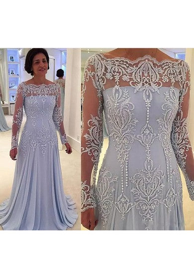 Bateau A-line Floor-length Long Sleeve Chiffon Lace Mother of the Bride Dress with Zipper Back