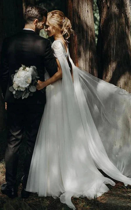 Spitzen-U-Ausschnitt Perlenkappe Empire Chiffon Country Brautkleid