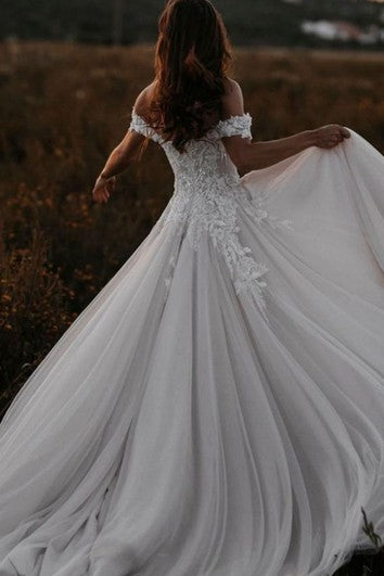 Bohemian A Line Tulle Off-the-shoulder Wedding Dress with Appliques