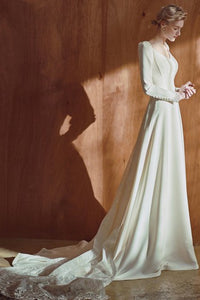 Romantic A Line Satin Floor-length Long Sleeve Wedding Dress