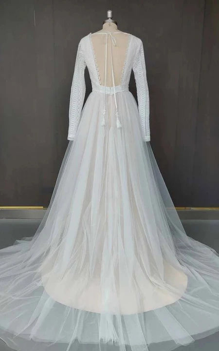 Boho | Vestido de boda a línea de encaje sin espalda y manga A-line