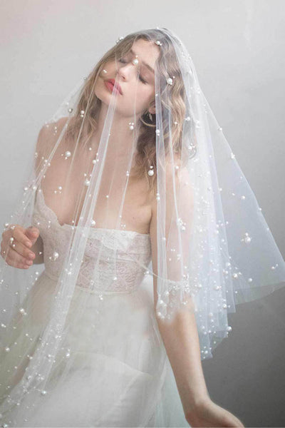 Romantic Fingertip Tulle Wedding Veil with Pearls