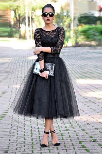 Sexy Black Lace 3-4 Sleeve Prom Dresses Tulle Tea-Length