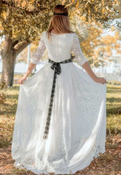 Bateau Lace Half Sleeve Pleated Wedding Dress With Lace Ribbon