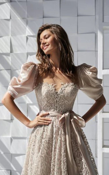 Champagge Half Puff Sleeve Sweetheart A-line Dress with Belt