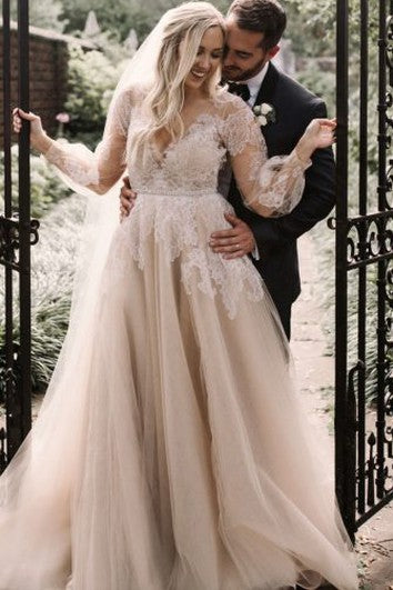 Elegant A Line Lace Floor-length Train Long Sleeve Wedding Dress with Appliques