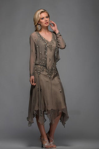 Casual Sheath V-neck Tea-length Mother of The Bride Dress with Illusion Bolero