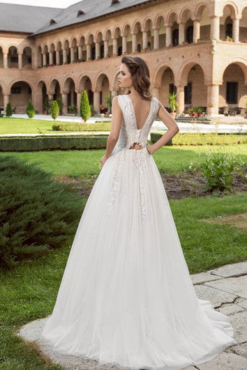 Vestido de imperio apliques de cuello en V con back v back