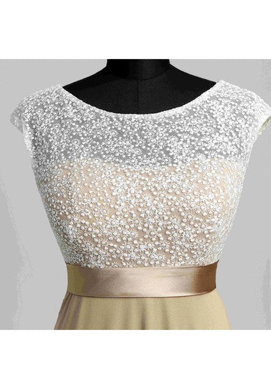 A-line Bateau Cap Short Sleeve Floor-length Jersey Lace Dress