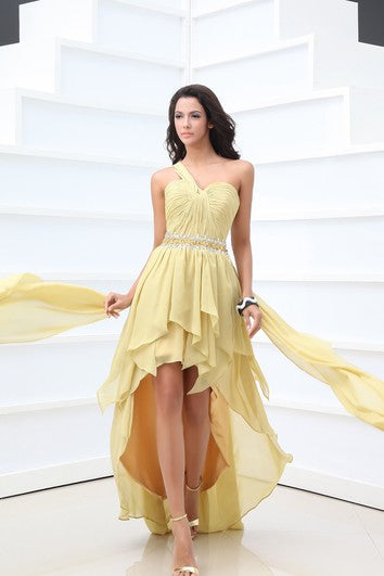 High-Low Chiffon One-Shoulder Dress With Ruching