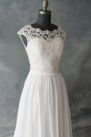 Cap Sleeve Chiffon and Lace Dress With Low-V Back