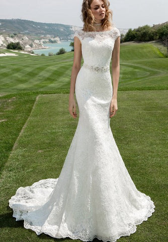 Bateau Neck Cap Sleeve Sheath Wedding Dress With Beaded Waist