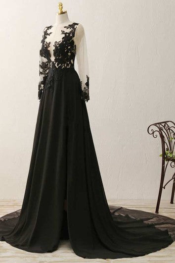 Illusion Lace Long Sleeve A-line Long Chiffon Gown