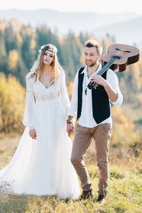 Chiffon Plunging Poet Long Sleeve Bohemian Wedding Dress With Lace Details And Front Split