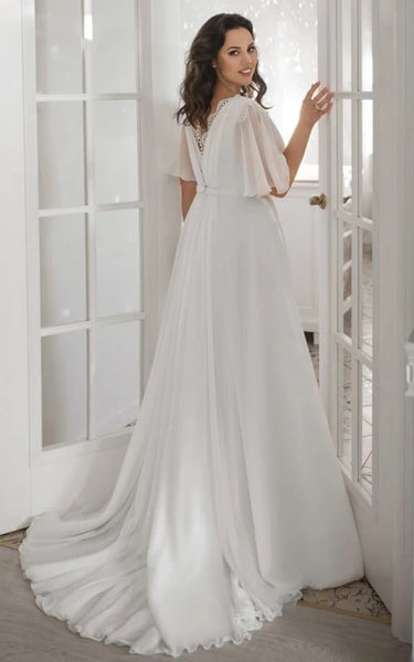 Chiffon V-neck Front Split Short-sleeve Ruched Plus Size Wedding Dress with Sweep Train