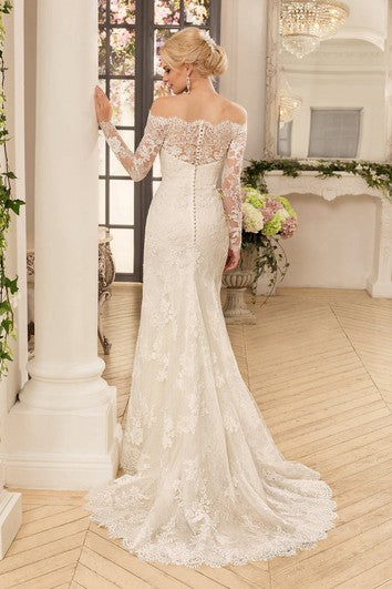 Sheath Long Off-The-Shoulder Long-Sleeve Illusion Lace Dress With Appliques