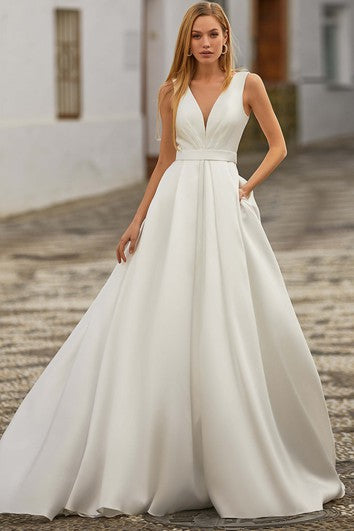 Casual A Line V-neck Satin Court Train Wedding Dress with Pockets