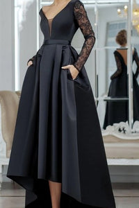 Elegant Long Sleeve High-Low A Line Satin Prom Dress with Ruching