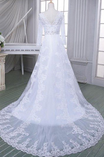 A-Line Floor-Length V-Neck Long Sleeve Beading Zipper Lace Dress