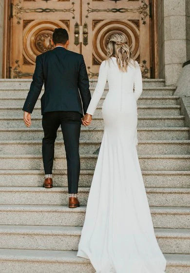 Vestido de novia de vestir de satén de manga larga modesta de manga larga con tren de novia con tren de corte