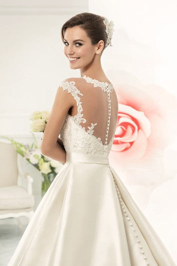 Ball Gown Floor-Length Jewel Cap-Sleeve Illusion Satin Dress With Appliques