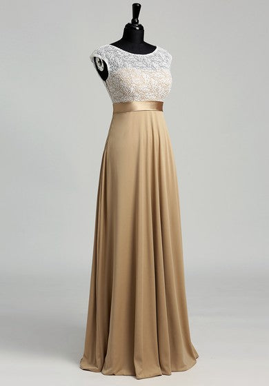 A-line Bateau Cap Short Sleeve Floor-length Jersey Lace Dress