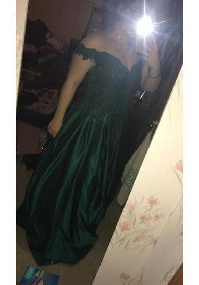 Robe de bal trapèze en satin à manches courtes et épaules dénudées en dentelle